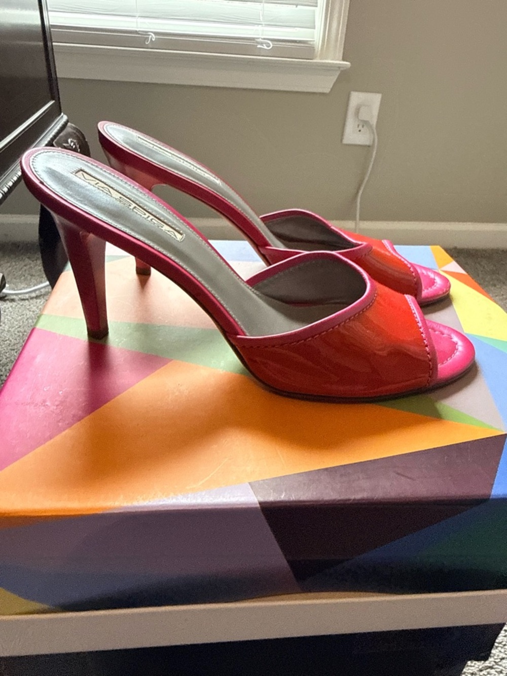 Patent Leather Open-Toe Heels in Pink and Red